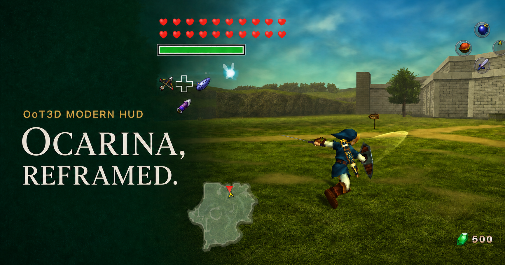OoT3D Modern HUD: Ocarina Reframed, shown in Hyrule Field